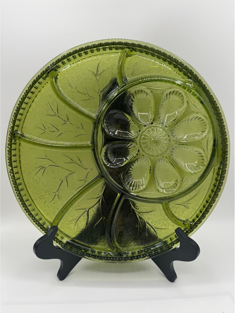 Vintage Indiana Glass Lorenzo Tiara Olive Green Deviled Egg Platter 12.75”